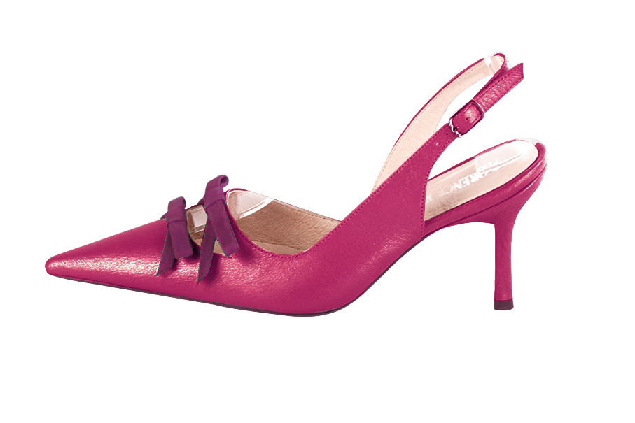 Women's fuchsia pink and mulberry purple elegant slingback heels, with a bow on the front. Pointed toe. High slim heel - Profile view